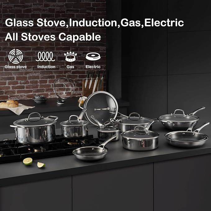 Wok, 13 Inch Hybrid Woks & Stir-fry Pans Nonstick, Non Toxic Stainless Steel Wok Pan with Lid, Dishwasher Induction Oven Broiler Safe, PFOA Free Cookware Non Stick