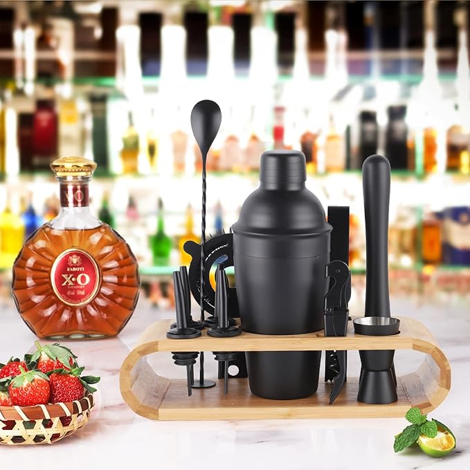 12Pcs-Cocktail Shaker Set Stainless Steel Bartending Kit 18.6oz Cocktail Bar Set Cocktail Mix Drink Making Kit Professional Bar and Home Drink Bar Tools for Bartender (Matte Black, 12Pcs)