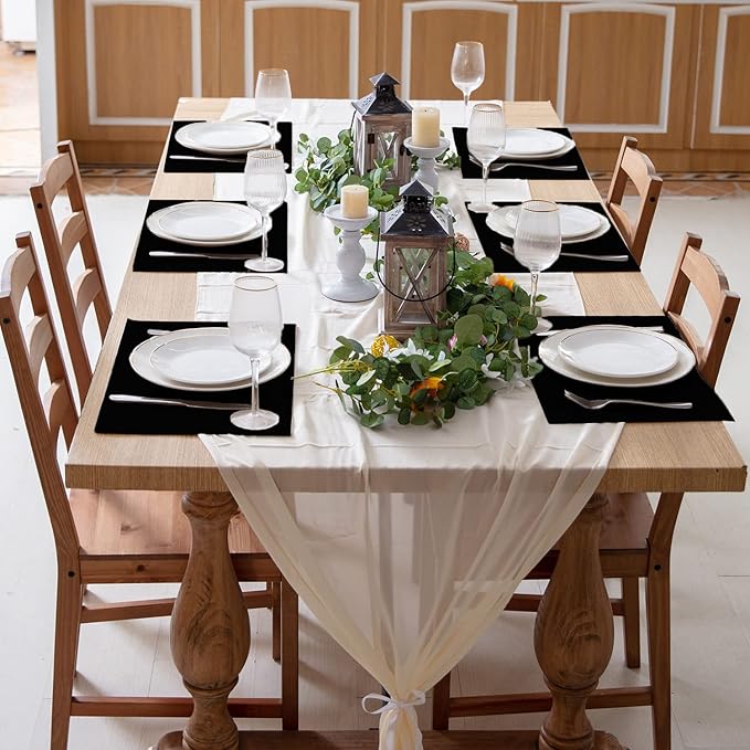 Linen Placemats Set of 8, Machine Washable, Heat Resistant, Wrinkle Free, Thick Polyester Kitchen Place Mats for Dining Table (Black)