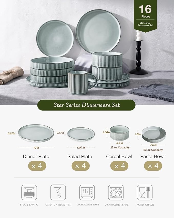 Famiware Star Dinnerware Set with Pasta Bowls, Service for 4 (16pcs), Ribbed Stoneware Plates and Double Bowls Dishes Sets - Chip & Scratch Resistant, Microwave & Dishwasher Safe, Smoky Blue