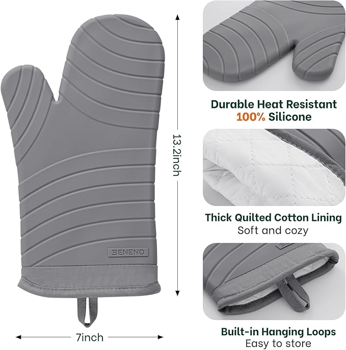 Beneno Premium Silicone Oven Mitts 2-Pack Heat Resistant 500°F, Soft Flexible Non-Slip Grips, BPA-Free & Waterproof Oven Mitts with Comfortable Cotton Lining for Baking, Grilling, Cooking, 7"x13" Gray