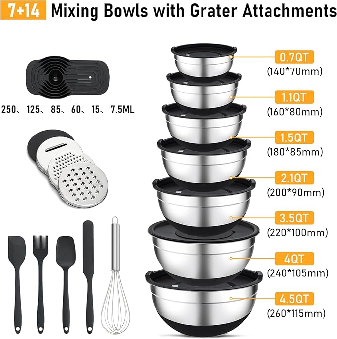 Unokit Mixing Bowls with Lids Set - 7 Pcs Stainless Steel Mixing Bowls with 3 Grater Attachments, Non-Slip Silicone Base Mixing Bowl Set for Kitchen