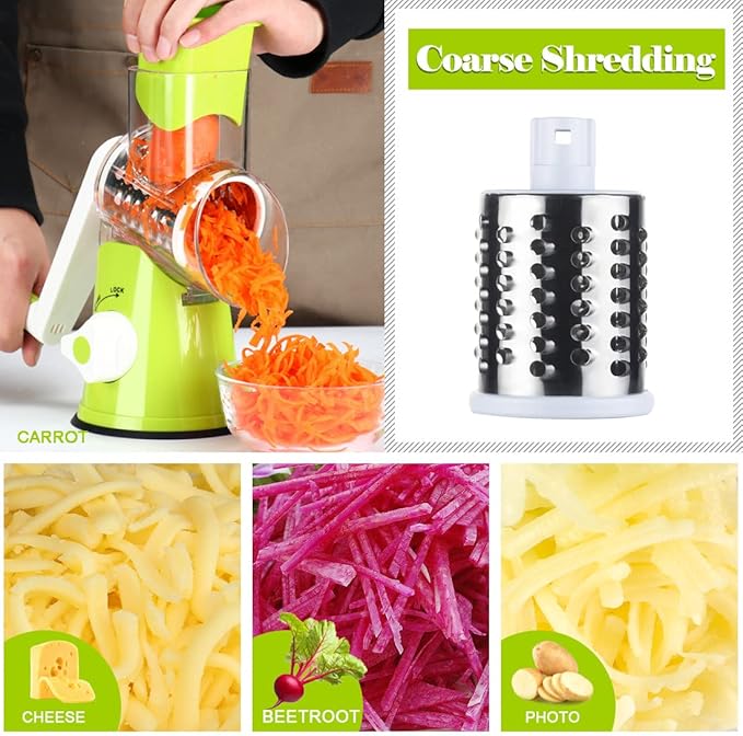 Ourokhome Rotary Cheese Grater Hand Crank, Kitchen Shredder Speed Mandolin Slicer Nut Grinder with Handle and Drum Blades for Cheese, Vegetable, Walnut, Chocolate, Potato, Carrot, 3 Blades, Green