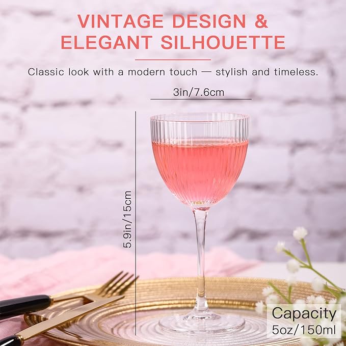 Nick and Nora Cocktail Glasses - Coupe Glasses Set of 4, Vintage Ribbed Martini Glassware, Crystal Cordial Cups for Whiskey, Gin, Vodka, Champagne, Women Gifts, 5 Oz