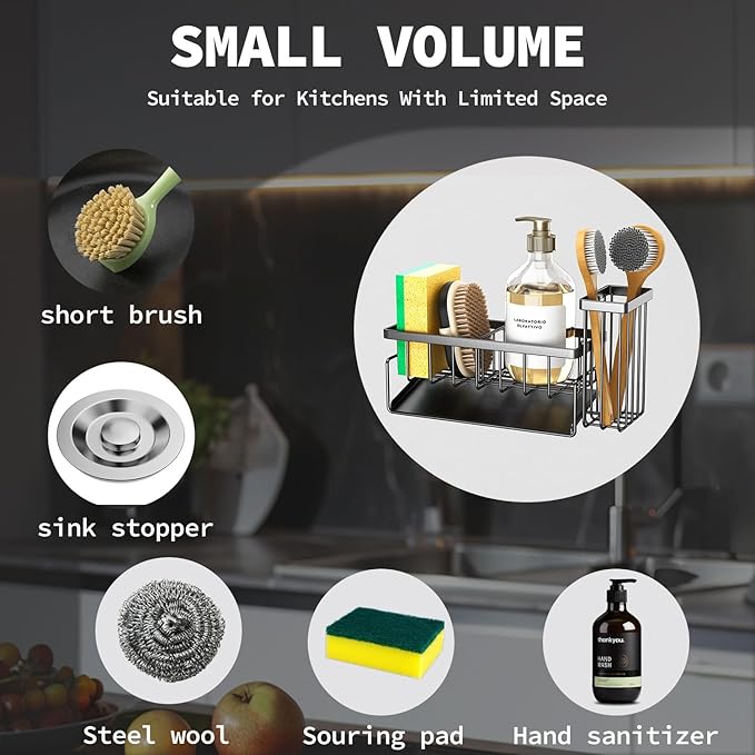 Sponge Holder & Sink Caddy Organizer - Rustproof Kitchen Sink Organizer with High Brush Holder - Kitchen Essentials Countertop Storage Organization (Grey)