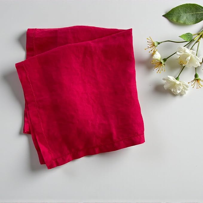 Hemstitched Linen Napkins – 20 Inch x 20 Inch – Stonewashed Pure Linen Cloth Dinner Napkins with Mitered Corners - 100% French Flax – Machine Washable - Set of 4 (Rich Red)