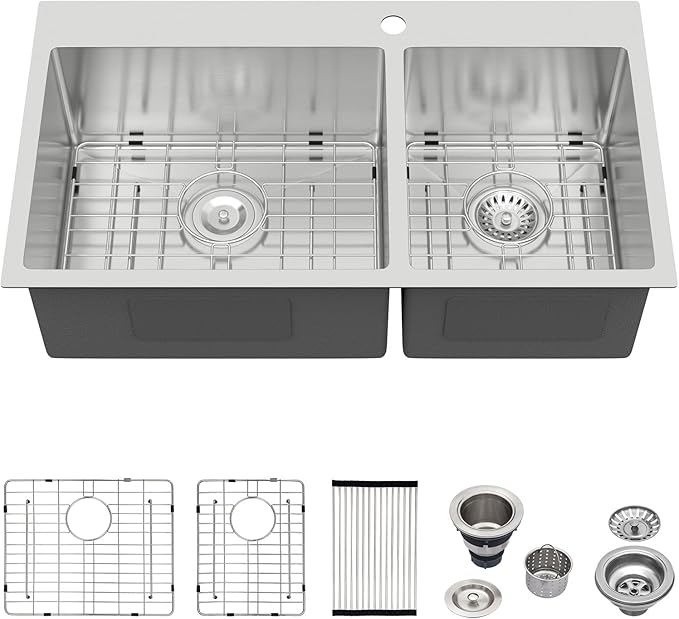32 Inch Large Double Bowls Drop in Kitchen Sink 60/40 Stainless Steel Sinks 32x18 16 Gauge Topmount Handmade 2 Bowl Kitchen Sinks, 32x18x9
