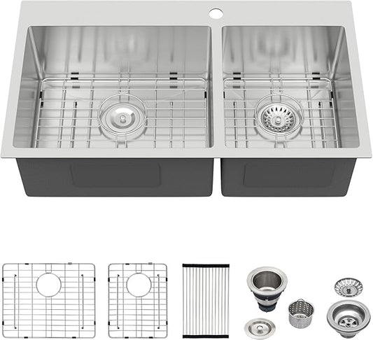 32 Inch Large Double Bowls Drop in Kitchen Sink 60/40 Stainless Steel Sinks 32x18 16 Gauge Topmount Handmade 2 Bowl Kitchen Sinks, 32x18x9