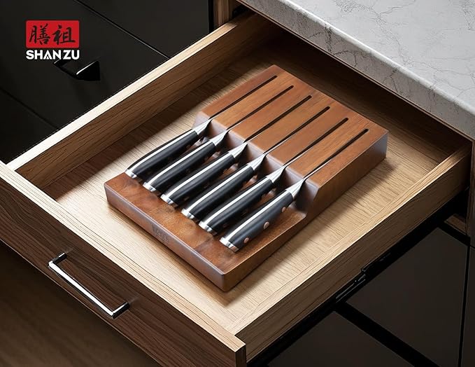 SHAN ZU Steak Knife of 7, 4.5 Inch Damascus Steak Knife Set with Block, Japanese High Carbon Steel Kitchen Serrated Knives Set with Ergonomic G10 Handle and Gift Box