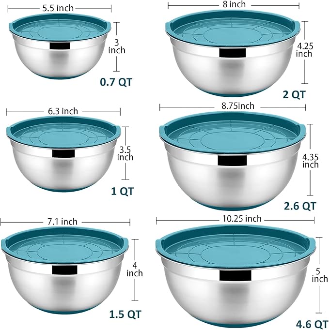 P&P CHEF Mixing Bowls With Lids, Set of 6, Stainless Steel Nesting Mixing Bowls & Fitting Lids & Non-Slip Silicone Bottom, Ideal for Mixing, Storing, Size 0.7/1/1.5/2.5/3/4.6 Qt, Blue
