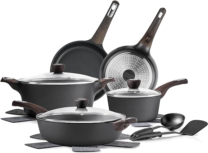 SENSARTE Non Stick Pots and Pans Set, Non toxic, Healthy Kitchen Induction Cooking Cookware Set with Frying Pans & Saucepan, PFOA PFOS APEO Free, Black, 14 pcs