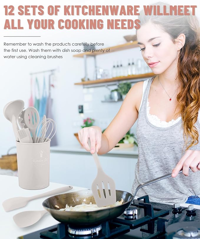 Kitchen Utensils Set-12 Pieces Silicone Cooking Utensils Set (Dishwasher Safe) 392°F Heat Resistant Spatula Set, Nonstick Cookware