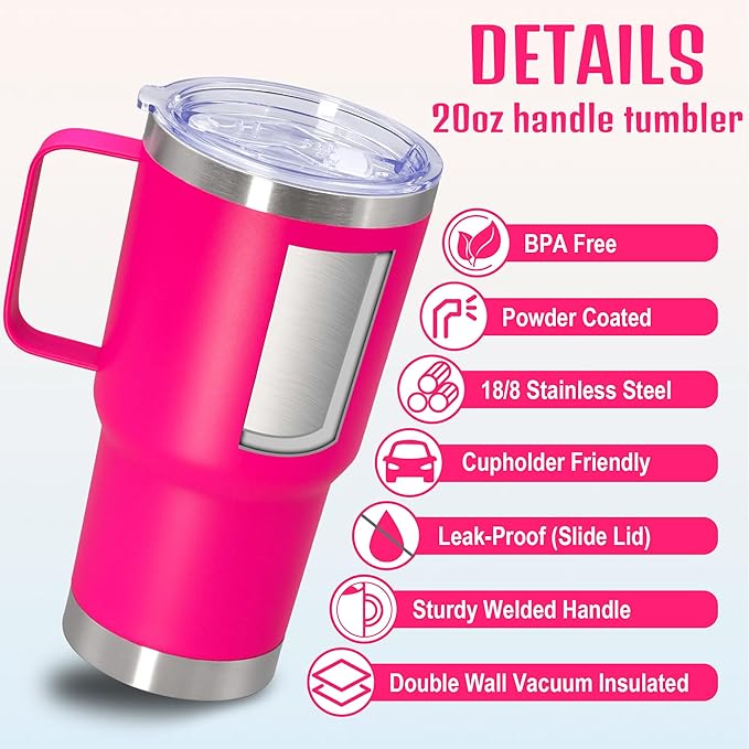 20 oz Tumbler with Handle and Lid, Stainless Steel Tumbler Insulated Travel Coffee Mug, Spill Proof Double Wall Vacuum Tumbler Cup Keep Drink Hot & Cold, Hot Pink, 12 Pack