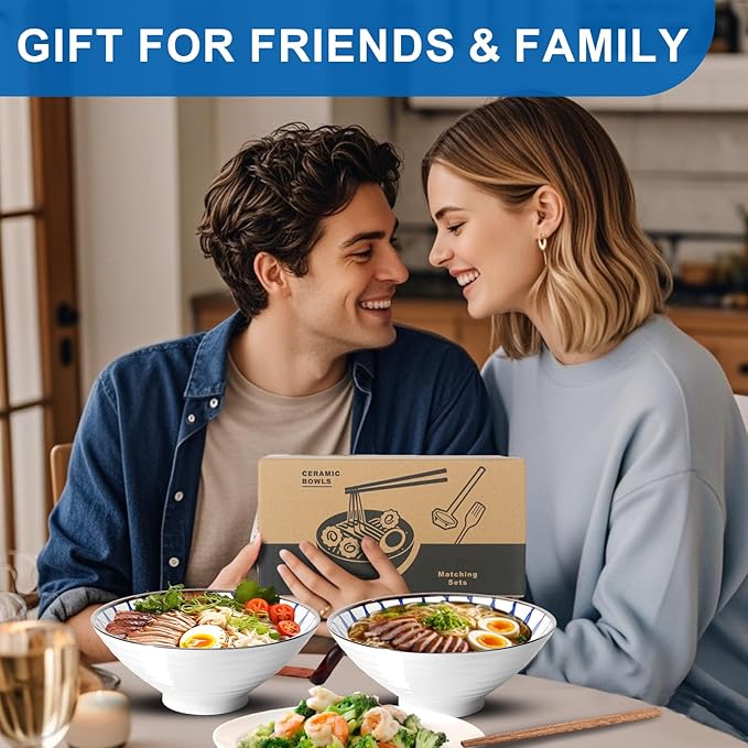 9.4Inch Ceramic Ramen Bowl Set of 2 (9 Piece) - Porcelain Japanese Salad Noodles Cereal Fruit Pasta Soup Large Bowls with Recipes Chopsticks Forks Spoons for Men Women Gift Microwave Dishwasher Safe