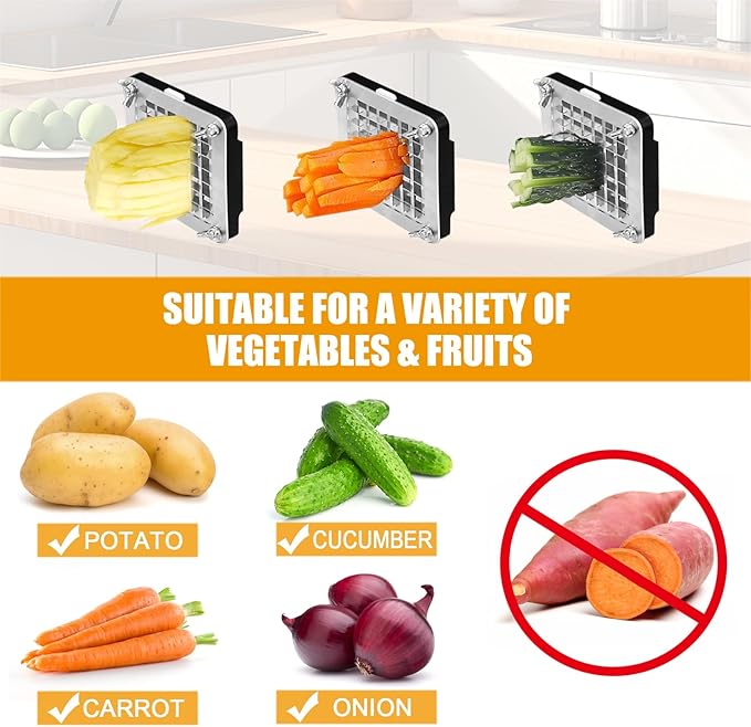 Electric French Fry Cutter, Commercial Automatic French Fry Cutter, Stainless Steel Potato Cutter with 1/2-Inch & 3/8-Inch Blade, Electric Potato Cut Machine for Restaurants & Home Kitchen