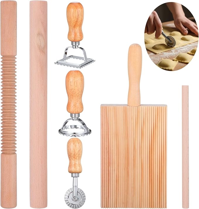 7 Pcs Gnocchi Pasta Making Tools kit Wooden Threaded Rolling Pin Ravioli Stamp Pasta Dumpling Noodle Maker Cutter Homemade Kitchen Gift for Baking Lovers Kitchen DIY