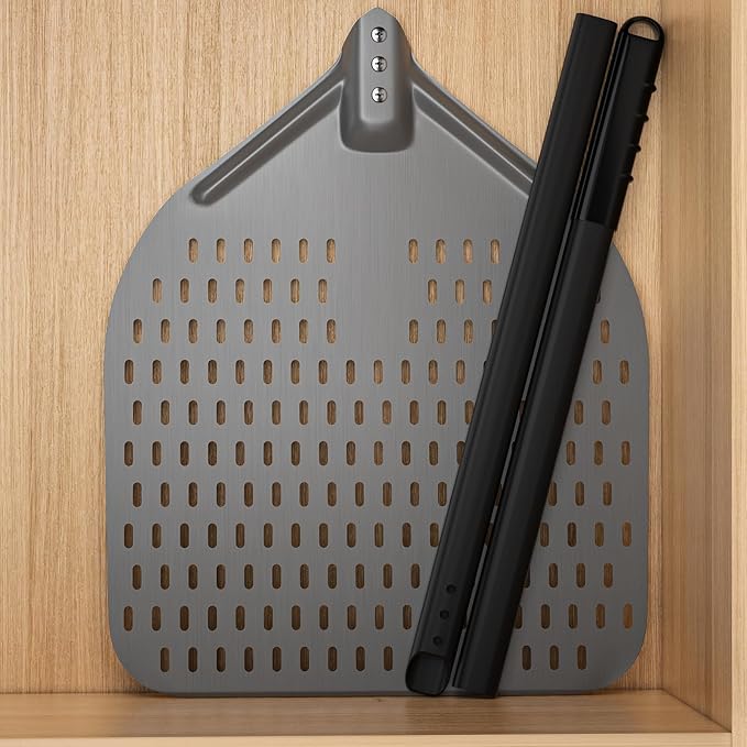 G.a HOMEFAVOR 14" x 17" Perforated Pizza Peel 49 Inch overall, Rectangular Aluminum Pizza Turning Peel with Extended Silcone Handle For Baking Pizza Brick Oven