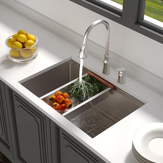 Lordear 28 Undermount Kitchen Sink Stainless Steel 16 Gauge Under Counter Workstation Sink Single Bowl 304 Stainless Steel One Basin Handmade Sinks