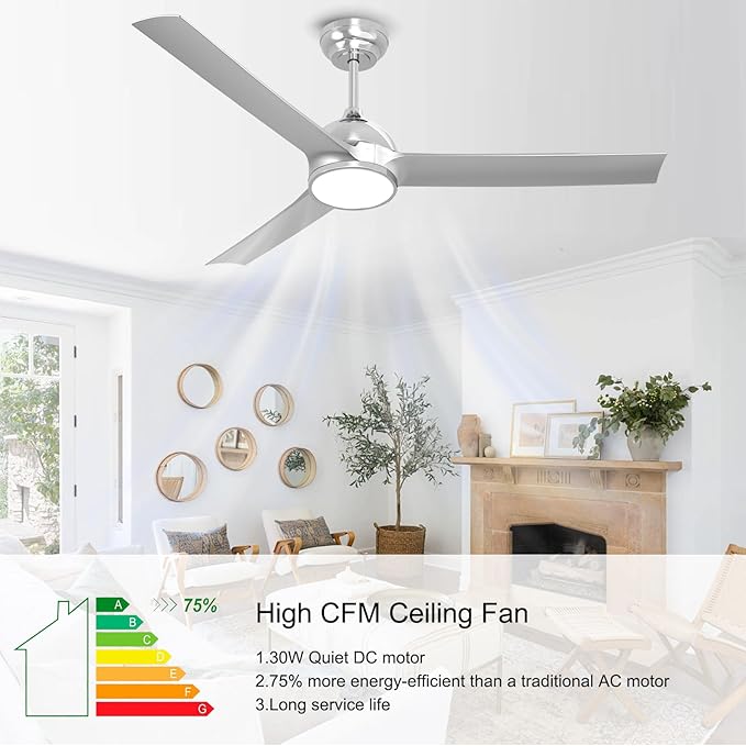 52 Inch Modern Silver Ceiling Fan with Lights Remote Control, Quiet DC Motor/Dimmable 3 Color LED/6 Speed High CFM/3 Blade Indoor Ceiling Fans for Bedroom/Living Room