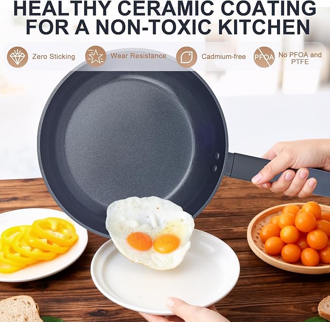 Non-Toxic Ceramic Cookware Set, 3-Piece Black Pots and Pans Set Non Stick, PFOA & PTFE Free, For All Stovetops Induction, Dishwasher Safe with Stay-Cool Handles