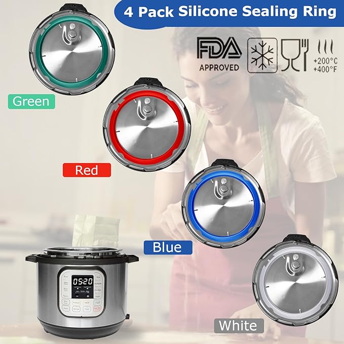 4 Pack Silicone Sealing Ring for Instant Pot 3 QT - Replacement Silicone Gasket Seal Rings 3QT with 4 Colors(Red, Clear, Green, Blue) - Instant Pot Replacement Silicone Gasket Seal for 3 Quart