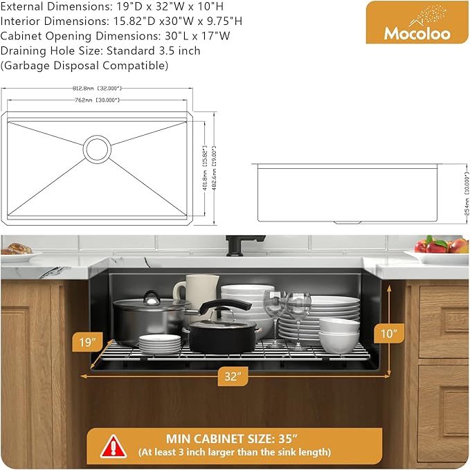 Mocoloo 32 Undermount Kitchen Sink - 32 x 19 Inch Black Kitchen Sink Workstation Gunmetal Black Stainless Steel 16 Gauge Deep Single Bowl 10'' Handmade Basin