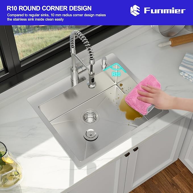 25 Drop In Kitchen Sink - 25 x 22 Inch Stainless Steel Kitchen Sinks Topmount 16 Gauge Single Bowl Above Counter Handmade Bar Sink with Offset Drainer