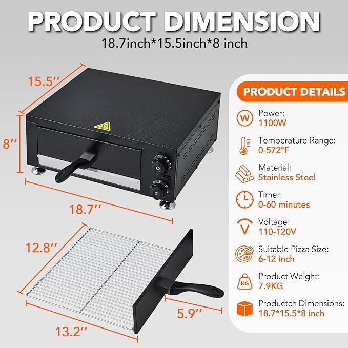 GarveeHome Electric Pizza Oven Indoor, 12" Countertop Pizza Oven with 0-60 Minutes Timer, Pizza Maker Machine for Home and Commercial with Gloves, Clip & Pizza Roller