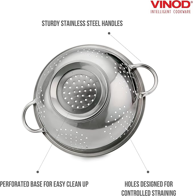 Vinod Stainless Steel Colander | 9.5 inches in Diameter | Dishwasher Friendly Strainer | Perforated Base | Suitable For Straining Fruits, Vegetables, Noodles, Pasta, Spaghetti | Steel Handles