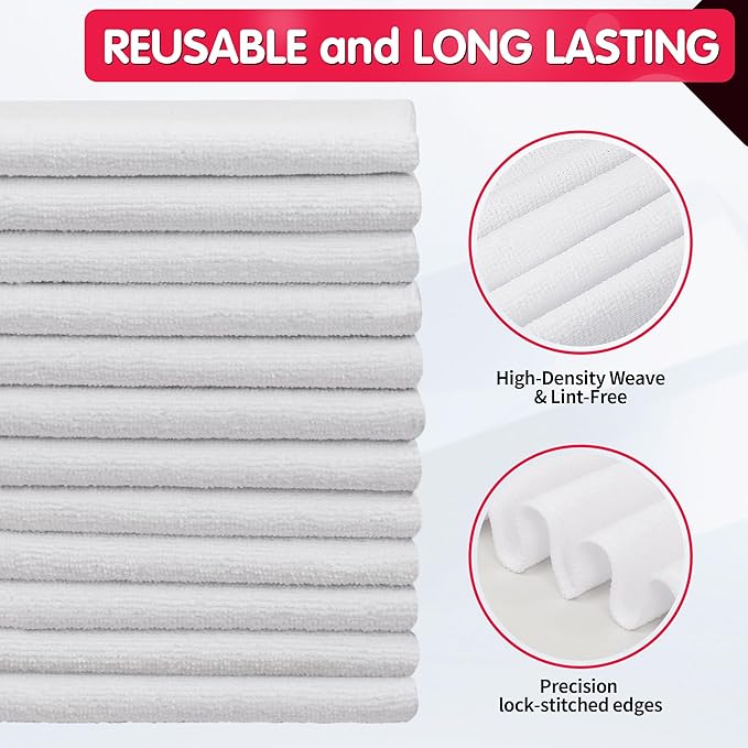 FIXSMITH White Microfiber Cleaning Cloth -Pack of 12, Highly Absorbent Cleaning Rags, 16"X12" All Purpose Cleaning Towels for Housekeeping, Kitchen, Car, Lint Free and Reusable Microfiber Towels