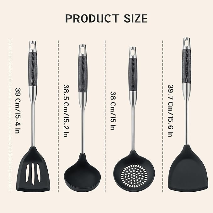 FJNATINH Silicone Wok Spatula,Turner,Ladle,Skimmer,Stainless Steel Wok Tools,Wok Utensil,Non Stick Heat-Resistant Cooking Utensils BPA Free Kitchen Utensils Cookware (Black Stainless Steel-4PCS)