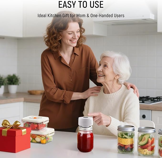 Mason Jar Vacuum Sealer Kit, 3-in-1 Auto-Stop Jar Sealer for Mason Jars, Bags & Food Containers, 1H Fast Charge, 4H Battery Life, Up to 250 Seals, Mason Jar Sealer in 7s, Easy One-Handed Operation