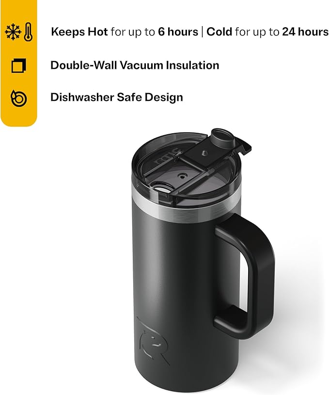 RTIC 16oz Road Trip Travel Mug with Lid and Handle, Ceramic Lined, Insulated, Stainless Steel, Metal, Double Wall Vacuum-Insulation, Portable Coffee, Tea Cup for Hot and Cold Drink, Black