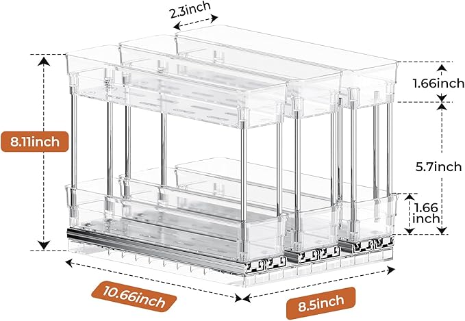 Pull Out Spice Rack Organizer for Cabinet, Slide Out Spice Racks Organizer, Easy to Install Spice Cabinet Organizers, 2.3''Wx10.35''Dx8.26''H, 3 Pack-2 Tier(Clear)