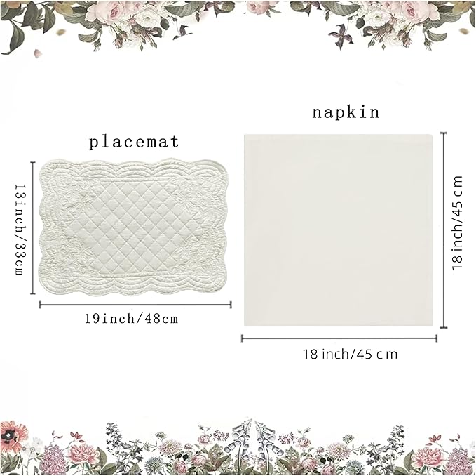 Quilted Placemats Set of 4 with Matching Cotton Napkins – 4 Piece Table Mats & 4 Cloth Napkins – 100% Cotton Table Linen Set for Everyday & Holiday Dining (4, Off White)
