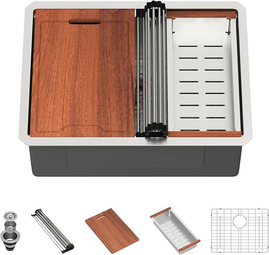 Lordear 25 Inch Undermount Kitchen Sink Workstation 25x19x10 16 Gauge Stainless Steel Single Bowl Round Corner Kitchen Sinks