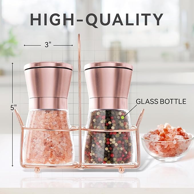 Copper Stainless Steel Salt and Pepper Grinder Set Manual Himalayan Pink Salt Mill|Salt and Pepper Shakers with Adjustable Coarseness and Clear Glass Body (Pack of 2) (SHORT)