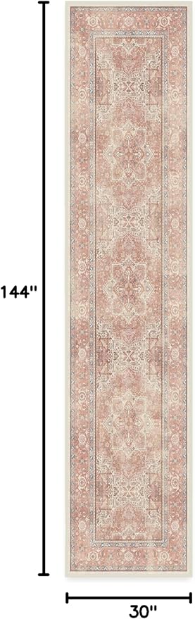 RUGGABLE Washable Runner Rug – Kamran Rose Pink 2.5x12, Stain-Resistant, Non-Slip Hallway Runner – Machine Washable Rug for Hallway, Entryway, Living Room & Kitchen–with Standard Pad