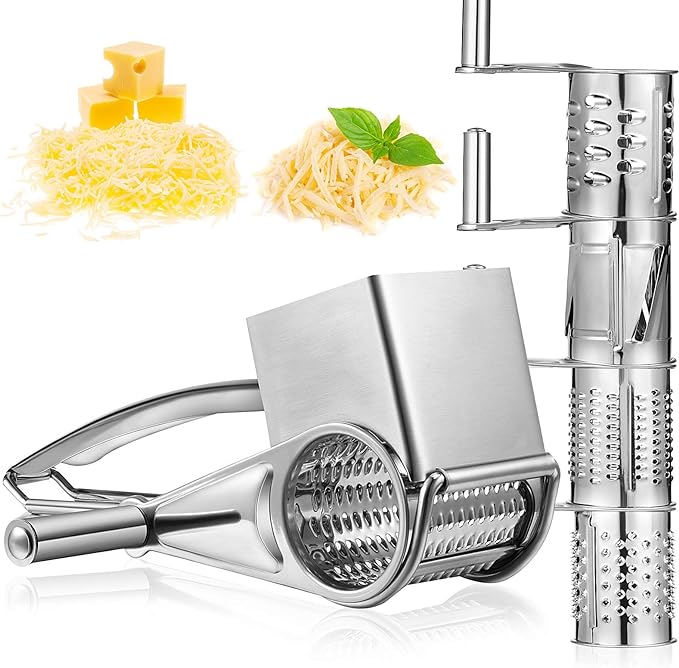 Honoson Rotary Cheese Grater Stainless Steel Handheld Rotary Parmesan Grater Cheese Cutter Slicer Shredder with 4 Stainless Drum for Grating Hard Chocolate Nuts Kitchen Tool