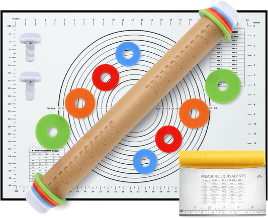 Unokit Rolling pin 3-Piece Set, 17.5" Rolling Pin with Adjustable Thickness Rings, Wooden Dough Roller, Rolling Pins for Baking Pizza, Pasta, Bread - Baking Essentials