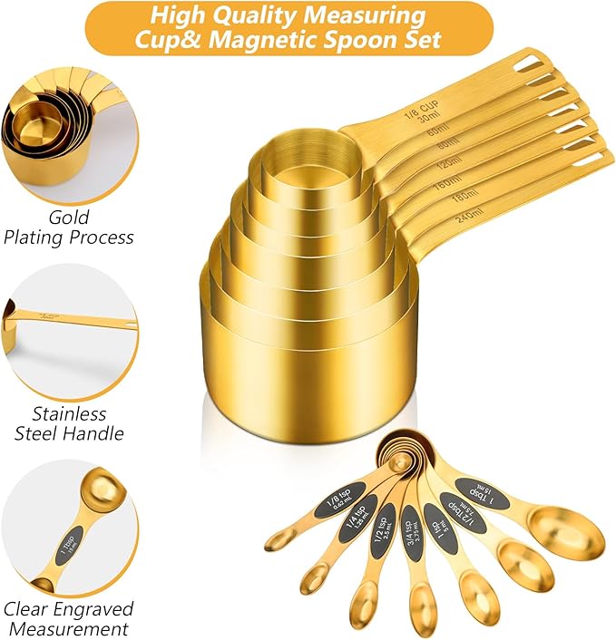 GuDoQi 15pcs Gold Magnetic Measuring Spoons and Cups Set, Stainless Steel 8 Dual Sided Magnetic Measuring Spoons set with Leveler, 7 Cups, Measurement for Liquid and Dry Ingredients for Kitchen