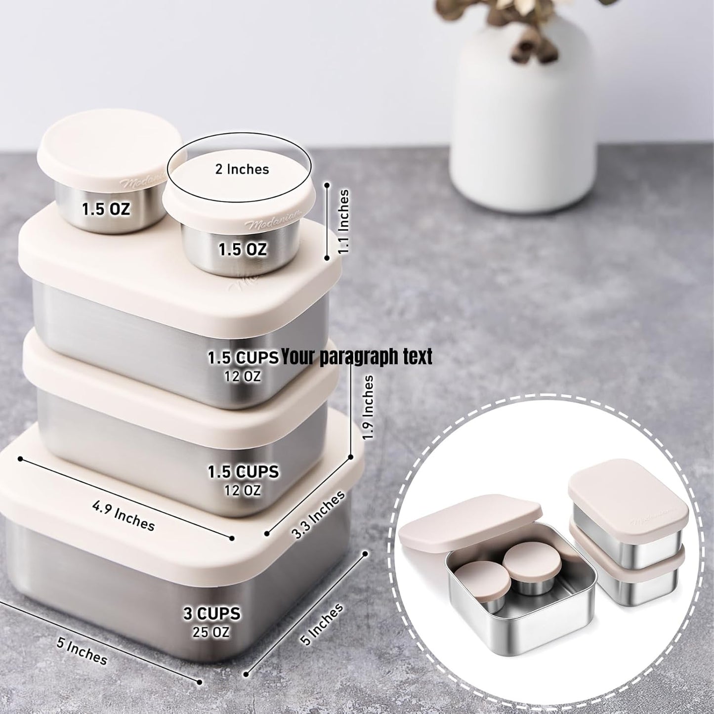 Flexibento - Leak proof Stainless Steel Lunch Box | Lunch Containers with Silicone Lids | Steel Bento Box |Metal lunch Box|1 * 25 OZ+ 2 * 13 OZ + 2 * 2 OZ| Set Of 5 |Vanilla
