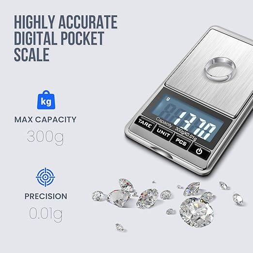 Flexzion Jewelry Small Digital Scale .01 Gram Accuracy - Portable Digital Jewelry Scale Gram & Ounces with 300g Weight Capacity - Micro Scale for Herbs, Gold, Coins with Multi-Unit Conversion