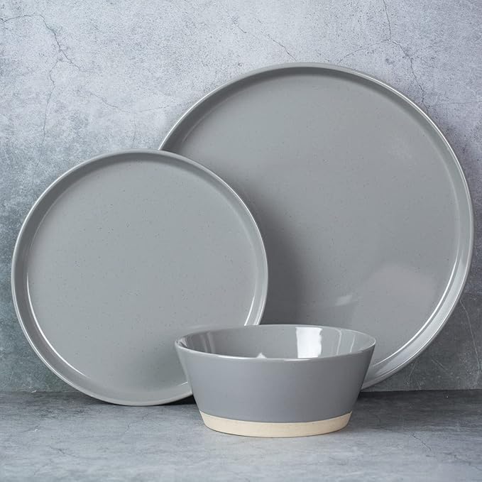 Famiware Saturn Speckled Dinnerware Sets for 6 (18 Pieces), Stoneware Plates and Bowls Dish Set - Chip and Scratch Resistant, Microwave and Dishwasher Safe, Dark Gray