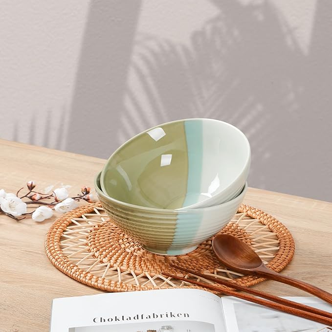 NUTRIUPS Set of 2 Ceramic Ramen Bowls with Spoons & Chopsticks, 40oz Large Soup Bowls for Udon, Miso, Noodles (Tri-Color Modern)