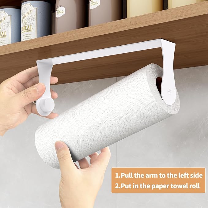 Paper Towel Holder Under Cabinet, White Kitchen Accessories Decor, Wall Mount, White Paper Towel Holder for Bathroom, Stainless Steel, Adhesive or Screws