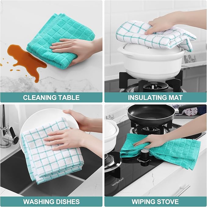 Homaxy Premium Cotton Kitchen Towels 16"x 28", Large Natural Ring Spun 390 GSM Dish Towels, Super Absorbent Terry Kitchen Hand Towels, Soft Tea Towel with Hanging Loop, Aqua Check Design, 8 Pack