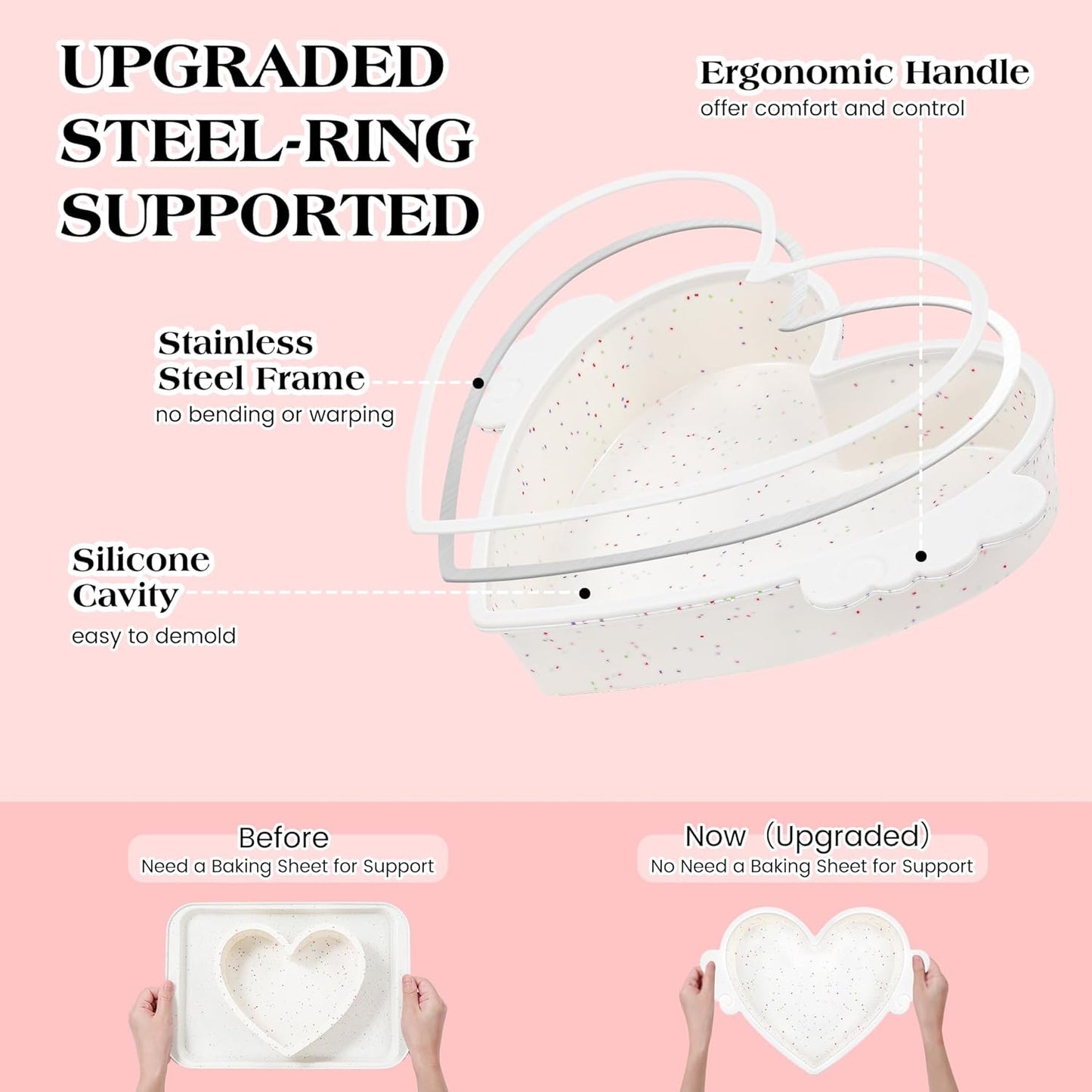 10 Inch Heart Shaped Cake Pans with Metal Reinforced Frame Silicone Heart Cake Pans Nonstick Large Silicone Molds for Baking Set of 2 (Cream)