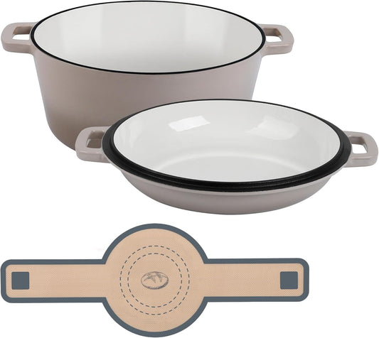 E-far 5 Quart Enameled Cast Iron Dutch Oven, 2 in 1 Dutch Oven Pot with Skillet Lid and Silicone Bread Sling, Ideal for Bread Baking, Cooking, Stewing, Frying, Induction & Oven Safe - Khaki