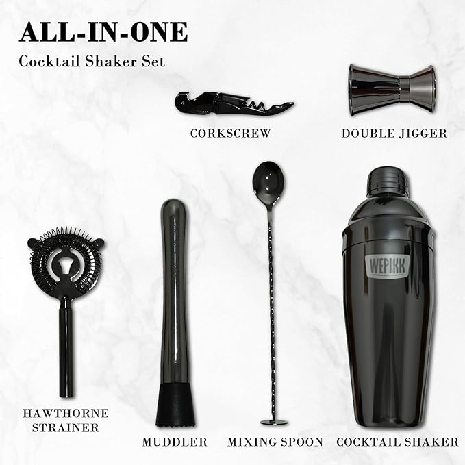Stainless Steel Cocktail Shaker Set, 24oz/750ml Bartender Kit Includes Strainer and Stir Stick for Home, Bar, Party, Bar Accessories for The Home Bar Set (Black)